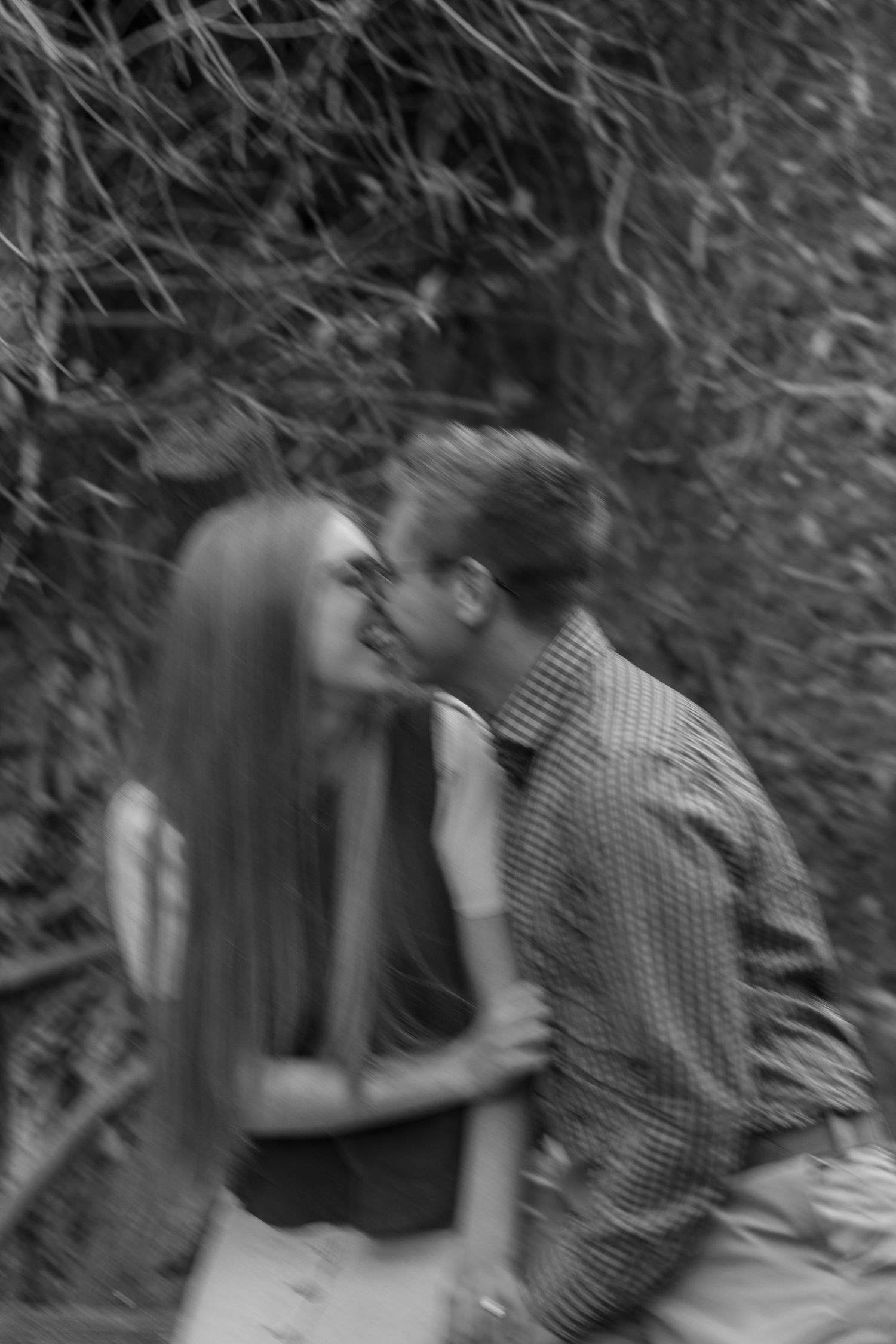 Blurred black and white sequence showing movement through foliage and trees.