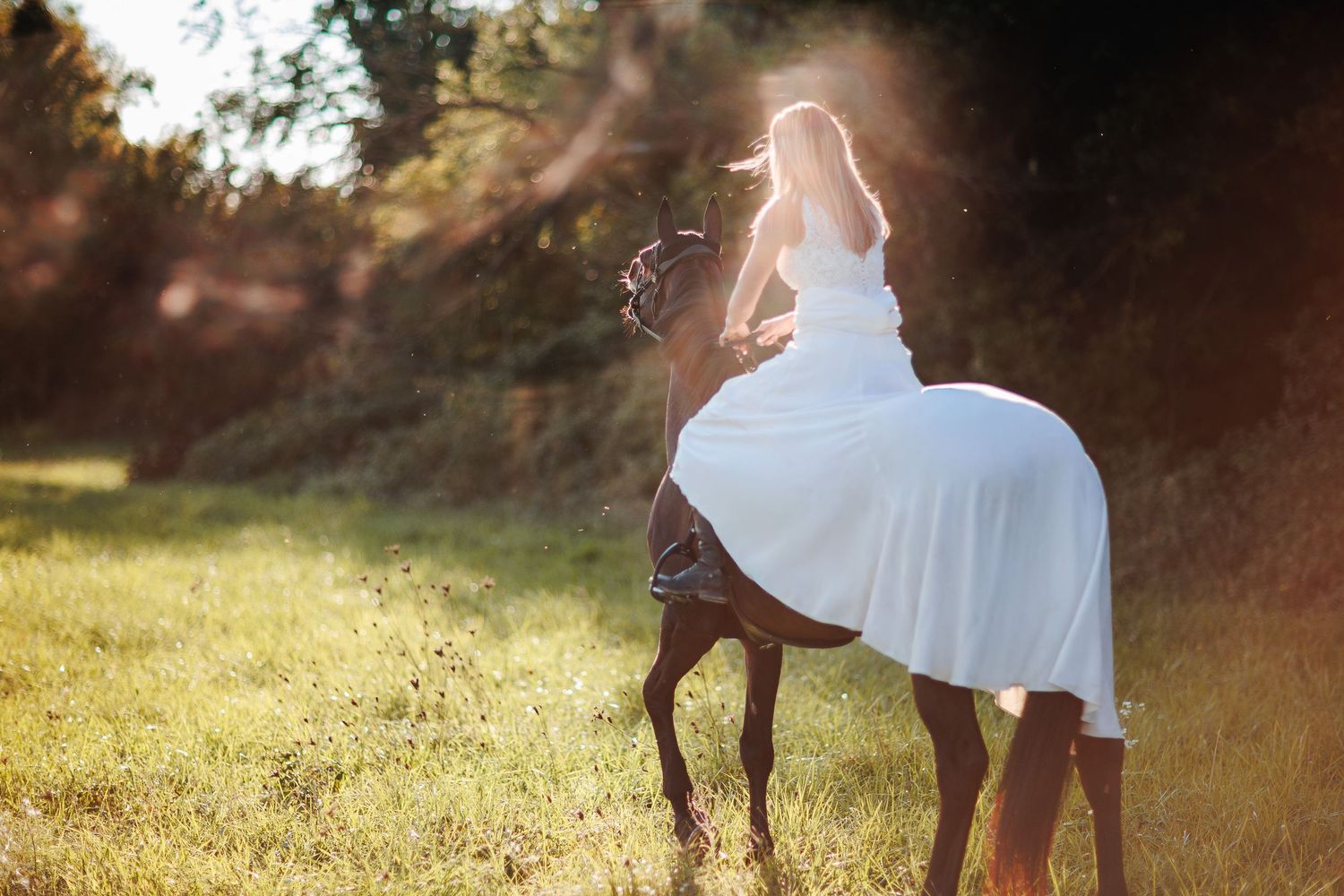 Mariée à cheval, pour une séance mémorable de trash-the-dress. Lumière estivale en Haute Loire, par Eric Filliat. Mariage, couple, famille.