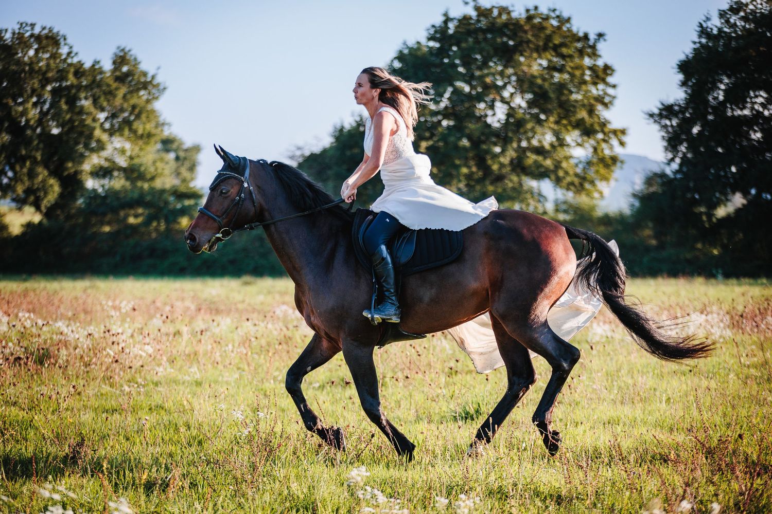Mariée et son cheval au galop dans la lumière de fin d'été, vers Aurillac. Saisi par Eric Filliat, spécialiste mariage et animalier.