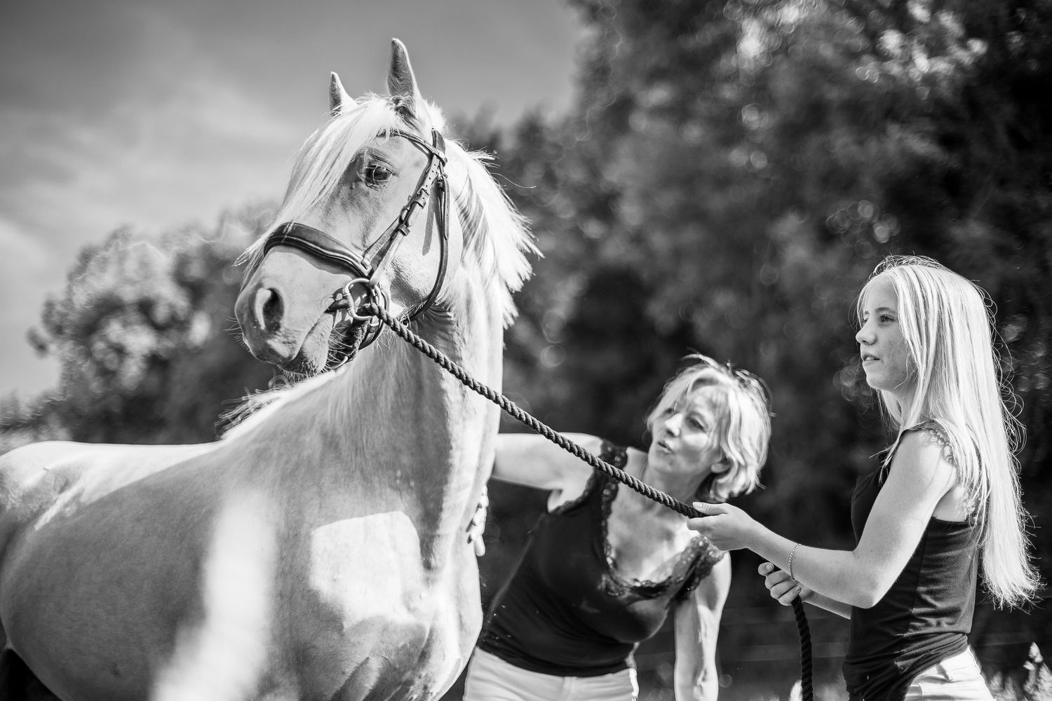 Mère et fille pour un moment en famille autour de leur cheval, séance photo en Auvergne / Puy De Dôme.