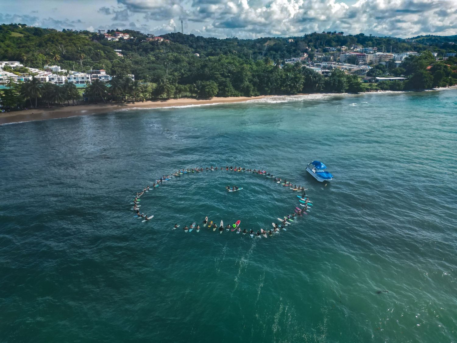 Drone Shot of paddle out in Rincón, Puerto Rico