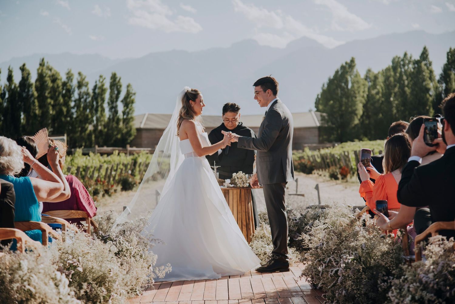 Outdoor wedding ceremony with bride and groom exchanging vows, officiant, vineyard and mountain backdrop.