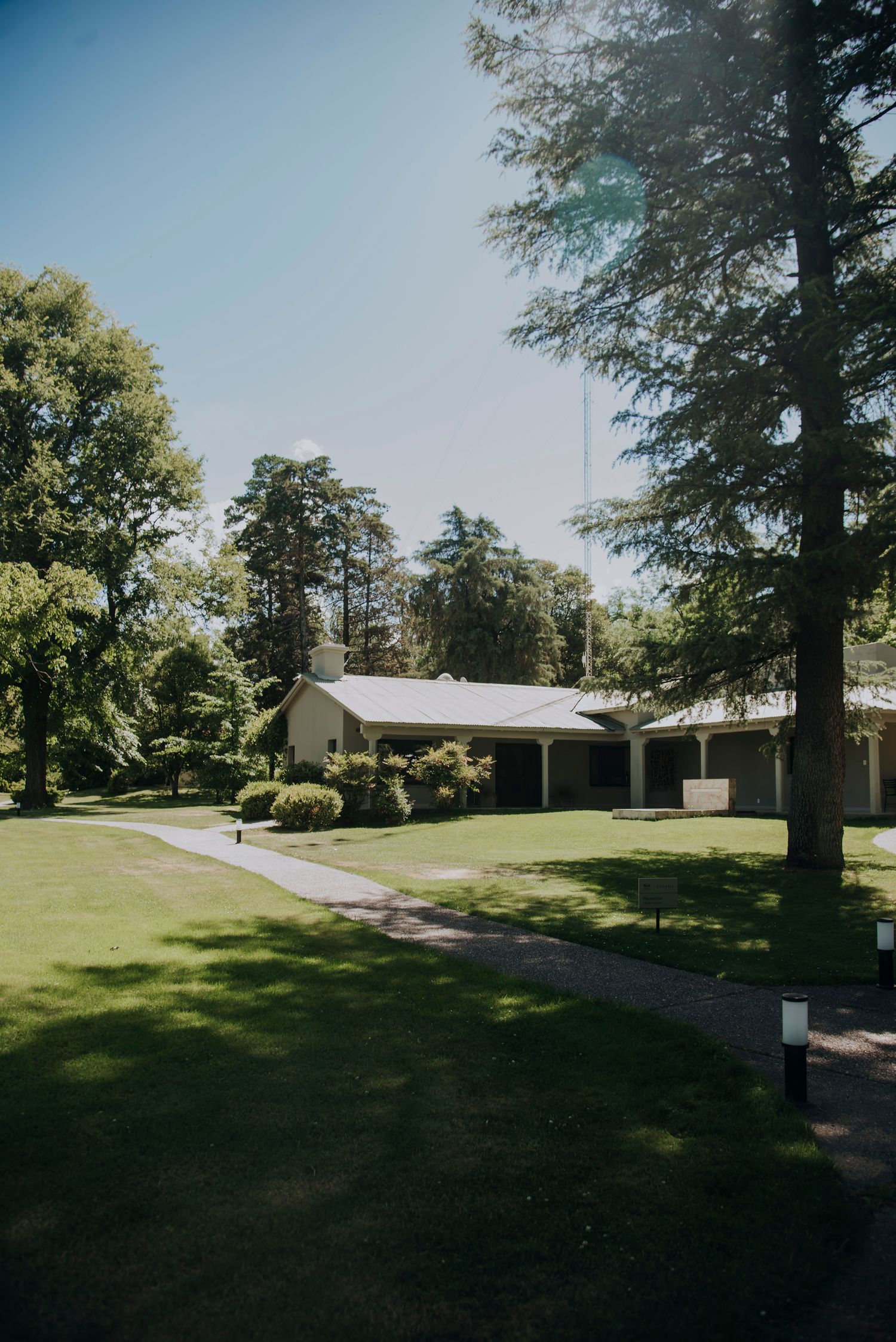 A charming single-story white house surrounded by lush green trees and manicured lawn on a sunny day.