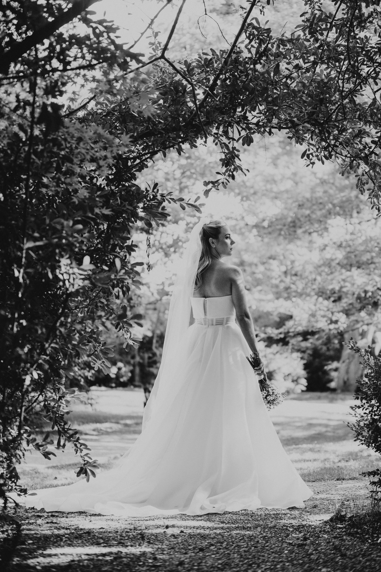 Bride in strapless white ball gown with veil stands under leafy archway in black and white garden photo.
