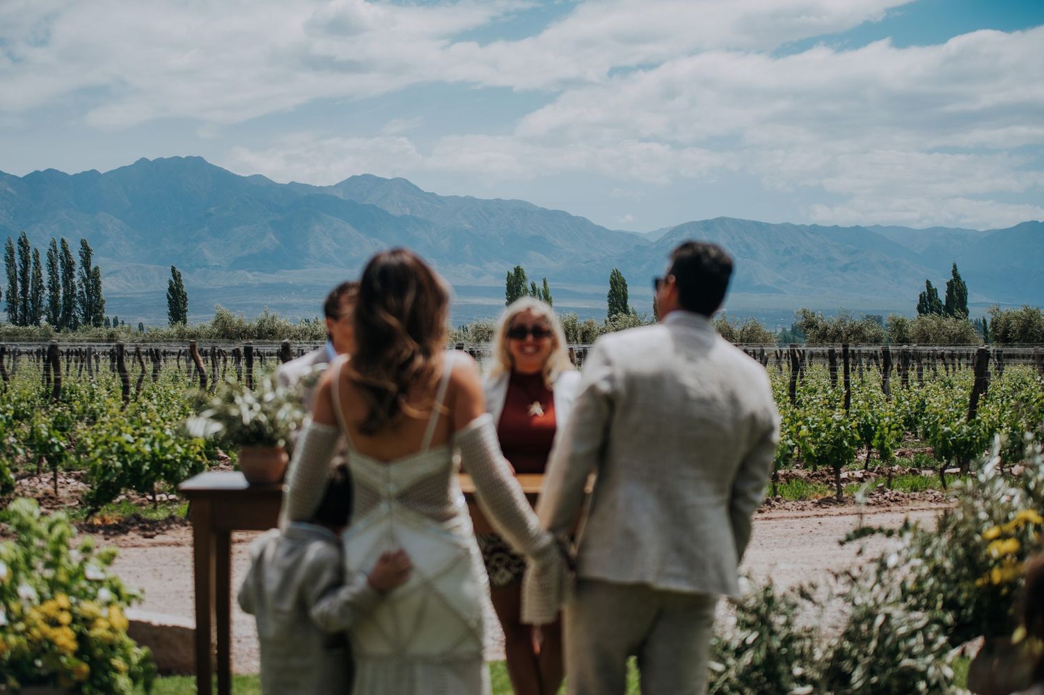Bride and groom holding hands during outdoor vineyard wedding ceremony with mountain backdrop.