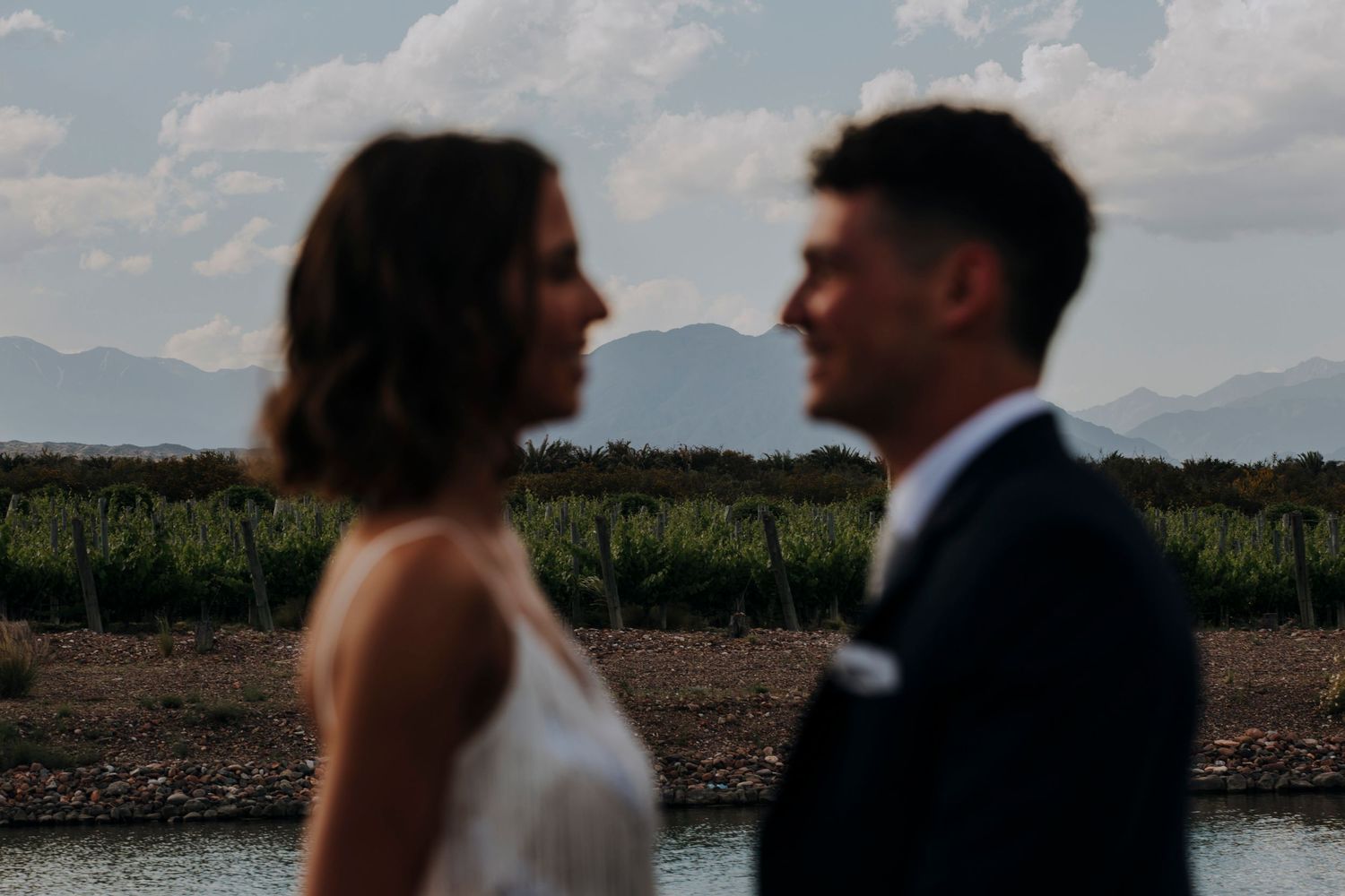Bride and groom in soft focus with vineyard and mountains in background.