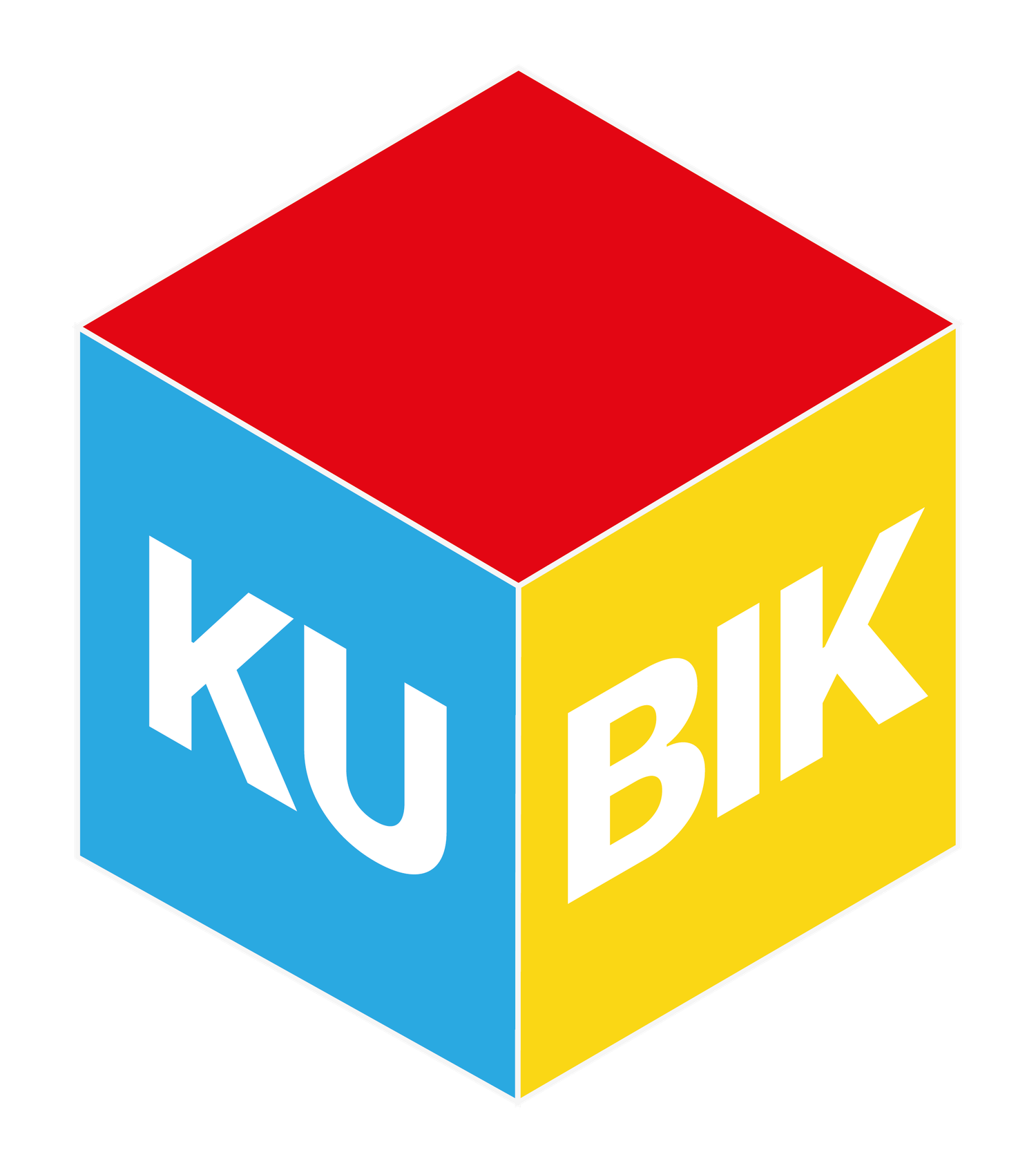 KUBIK logo on colorful 3D cube with red top, blue left, and yellow right faces.