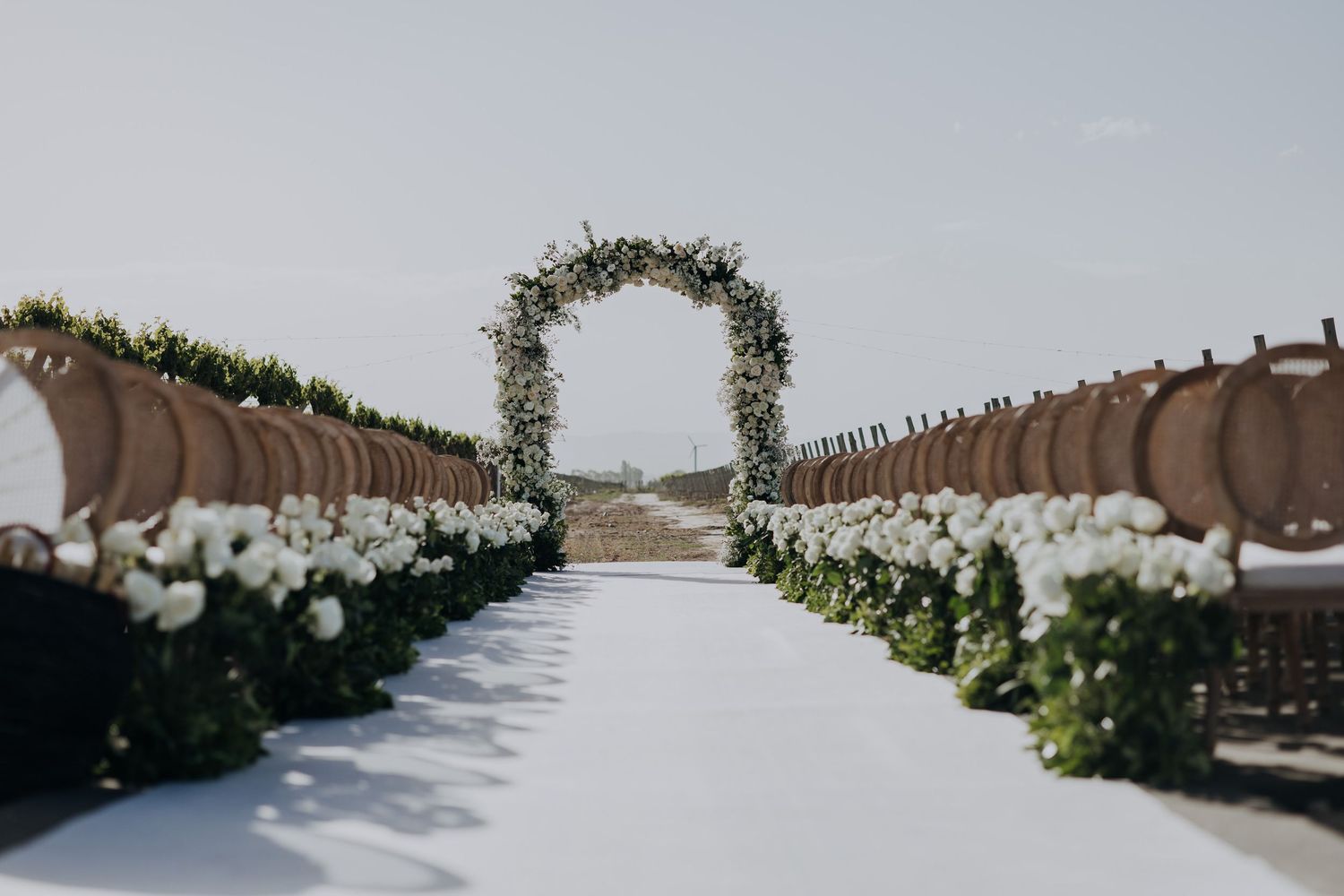 Elegant outdoor wedding aisle with white floral arch, rose-lined path, and wooden chairs under clear sky.