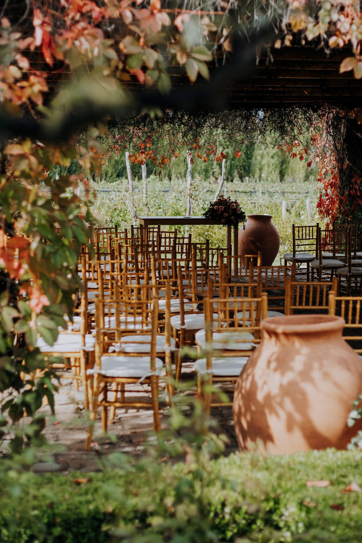 Rustic outdoor wedding ceremony setup with golden chiavari chairs and terracotta urns framed by autumn foliage.