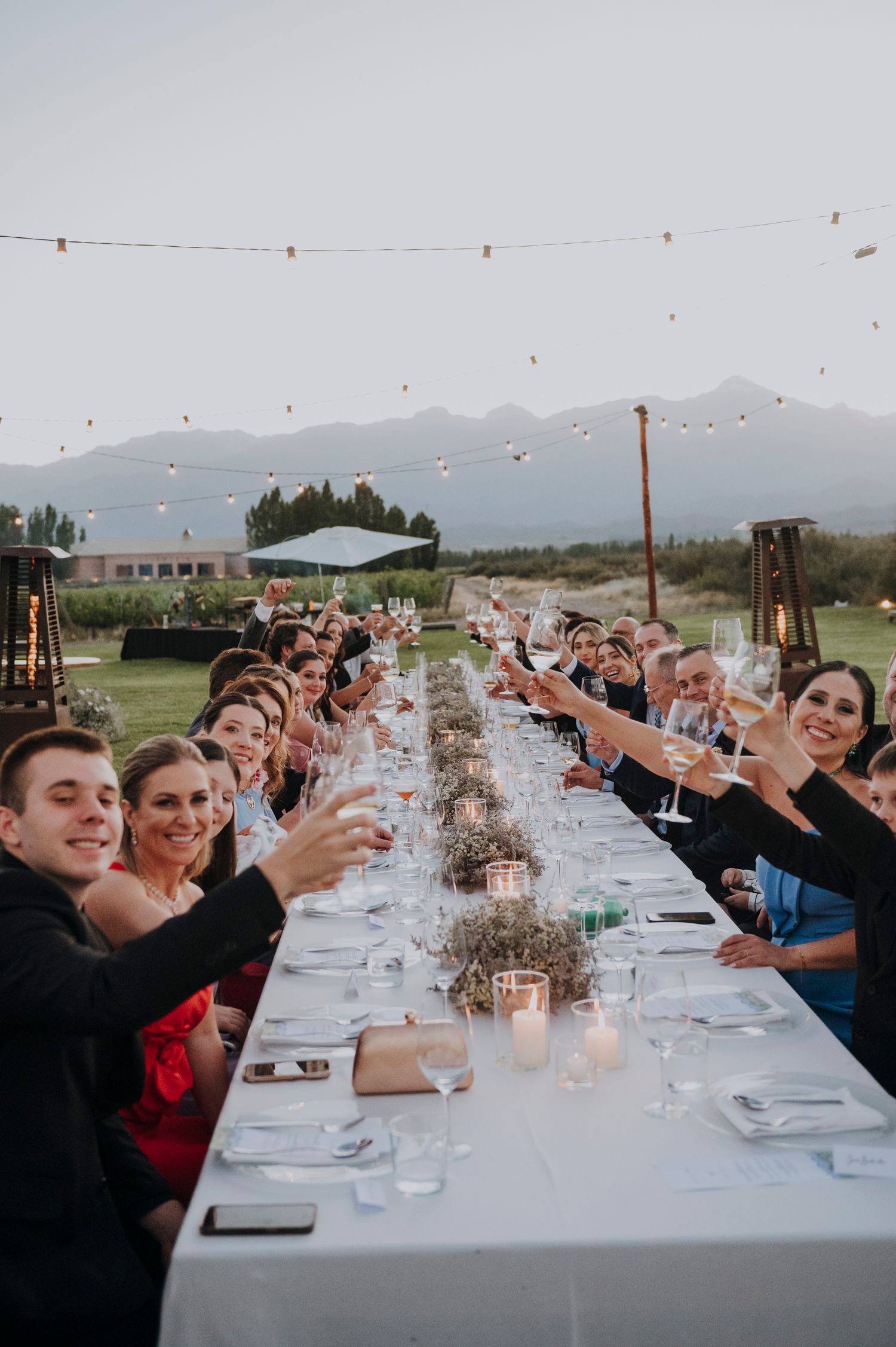 Wedding guests raising glasses in a toast at a long outdoor reception table with mountain views.