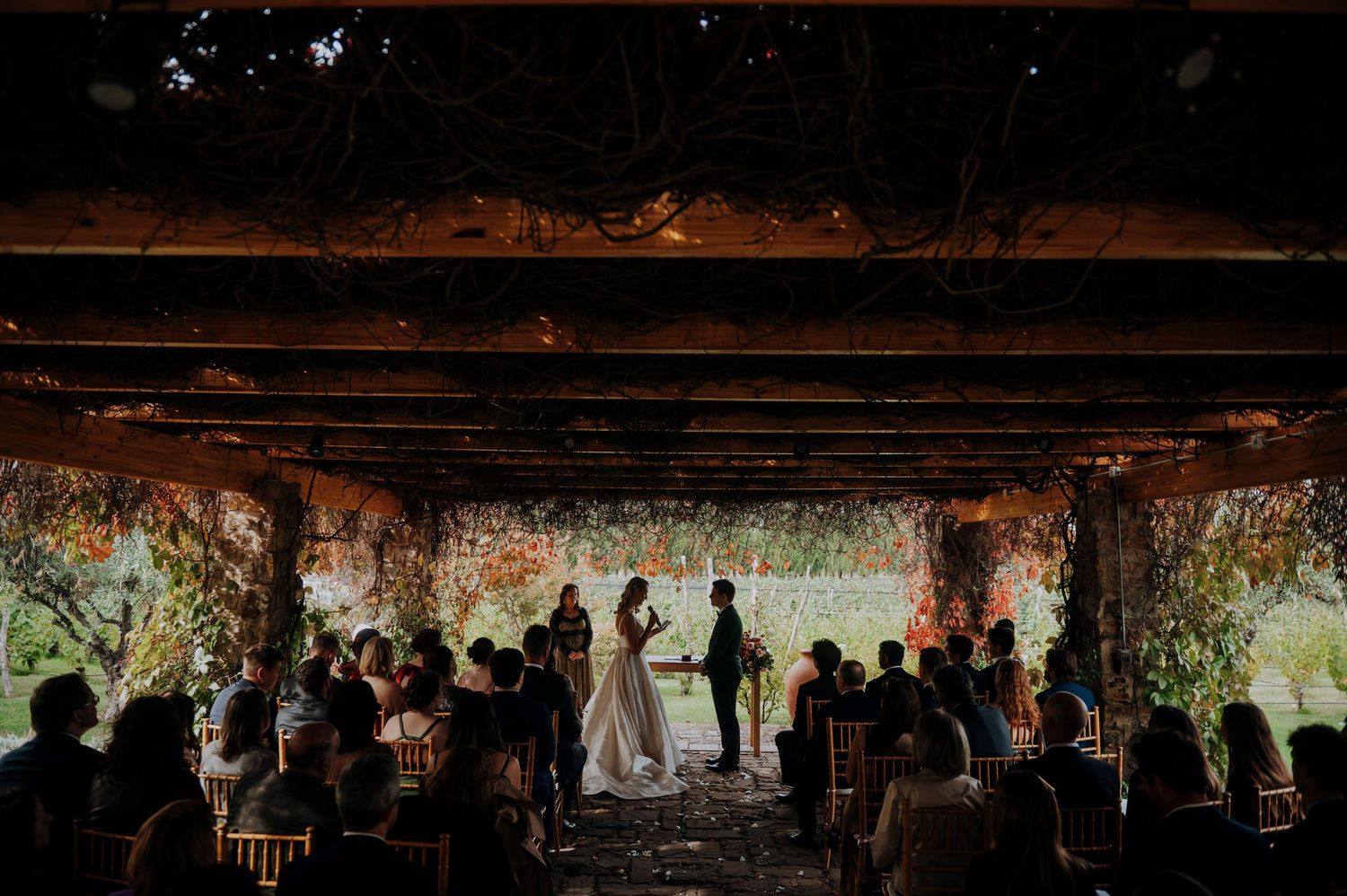 Romantic wedding ceremony under a rustic pergola with floral projections and guests seated in warm ambient lighting.