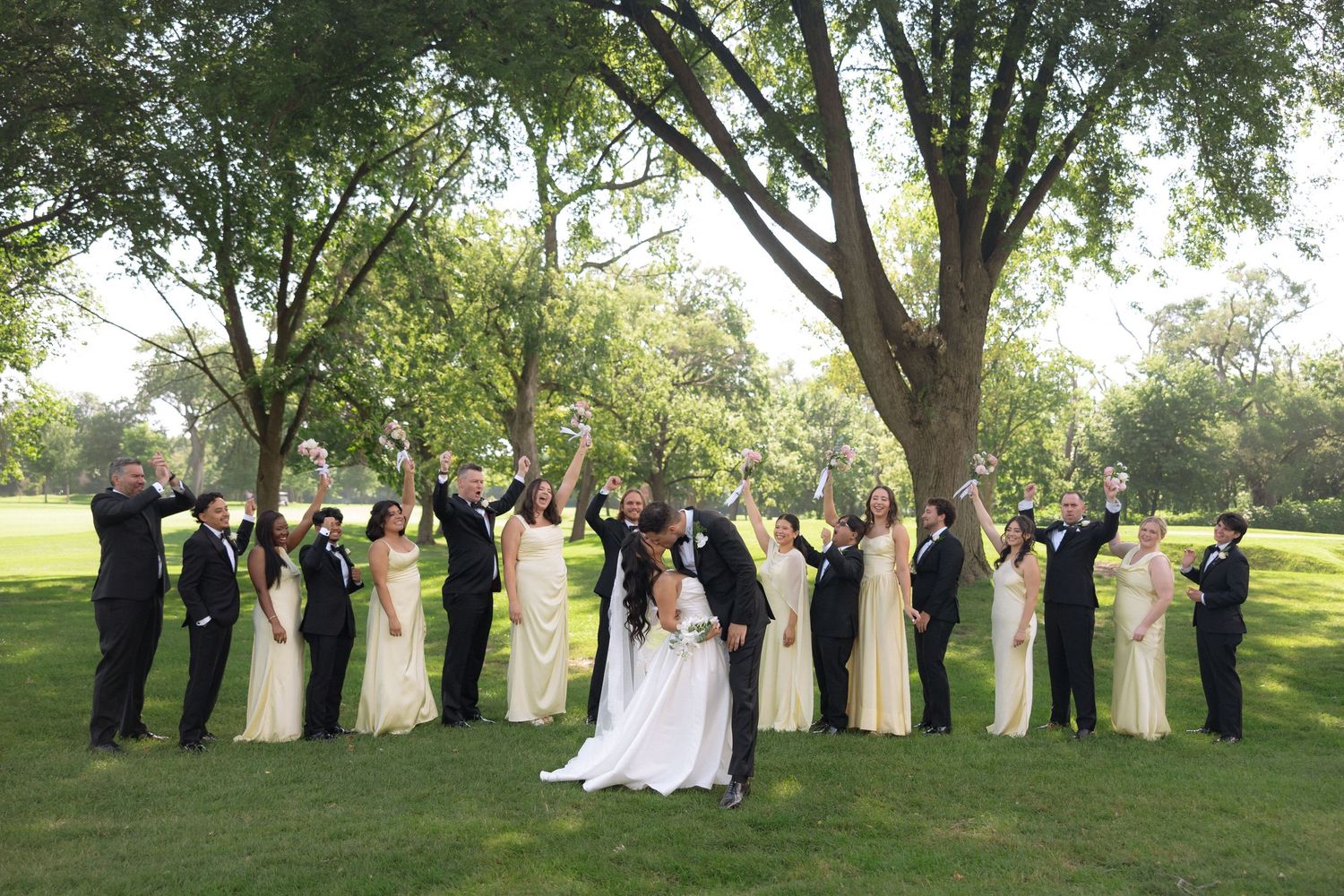 Wedding party celebrating outdoors under trees, bridesmaids in yellow gowns and groomsmen in black tuxedos.