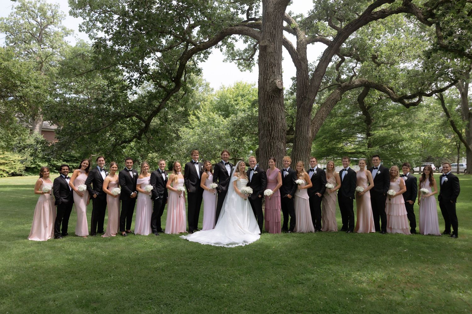Large wedding party in pink and black attire poses under trees on lush green lawn.