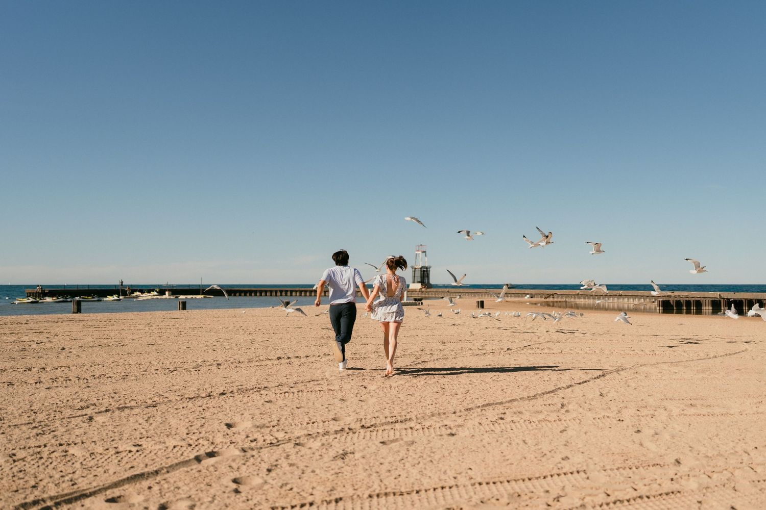 Couple walking hand-in-hand on sandy beach with seagulls flying around Chicago lakefront.