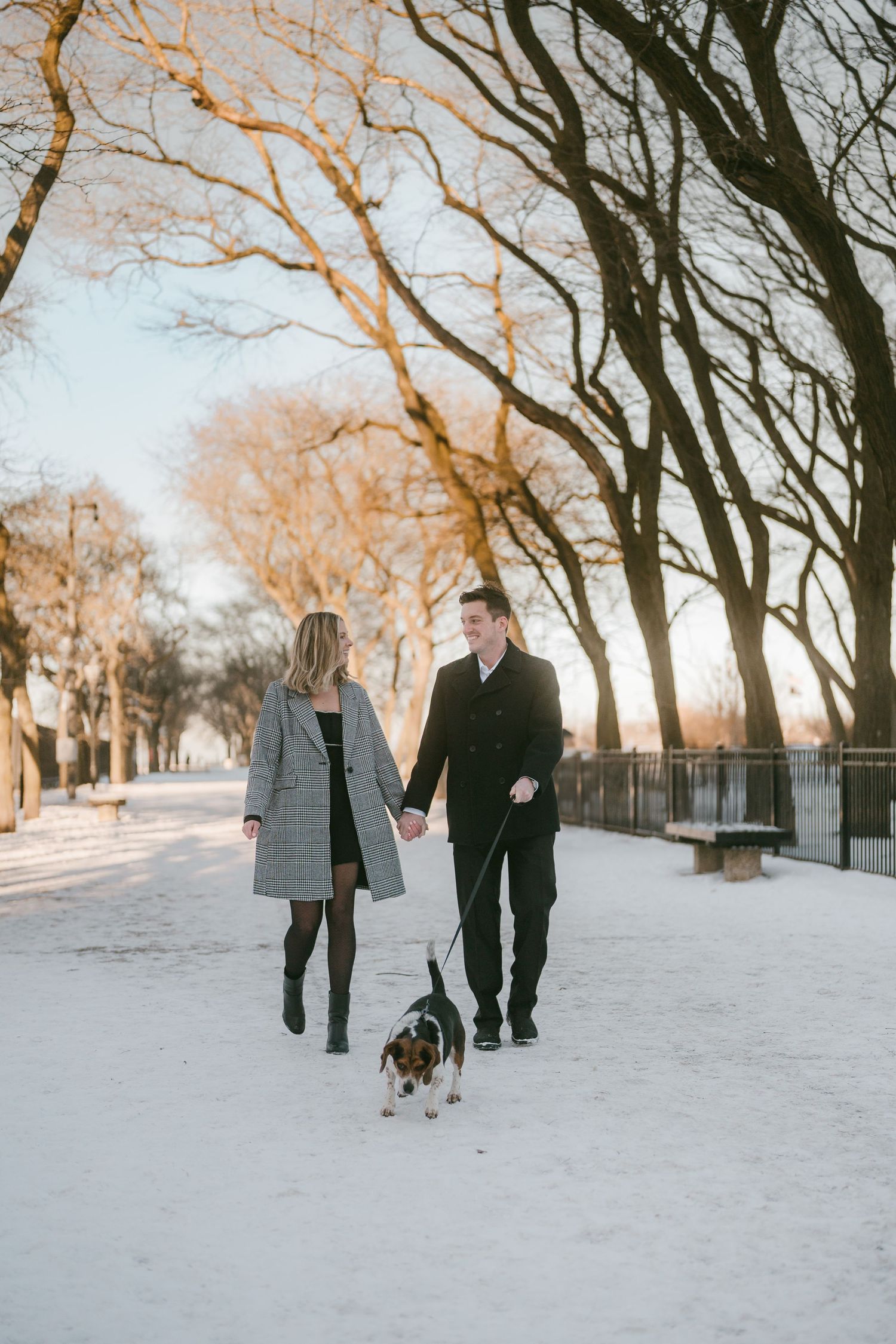 Couple holding hands and walking dog on snowy path at sunset with bare winter trees in background.