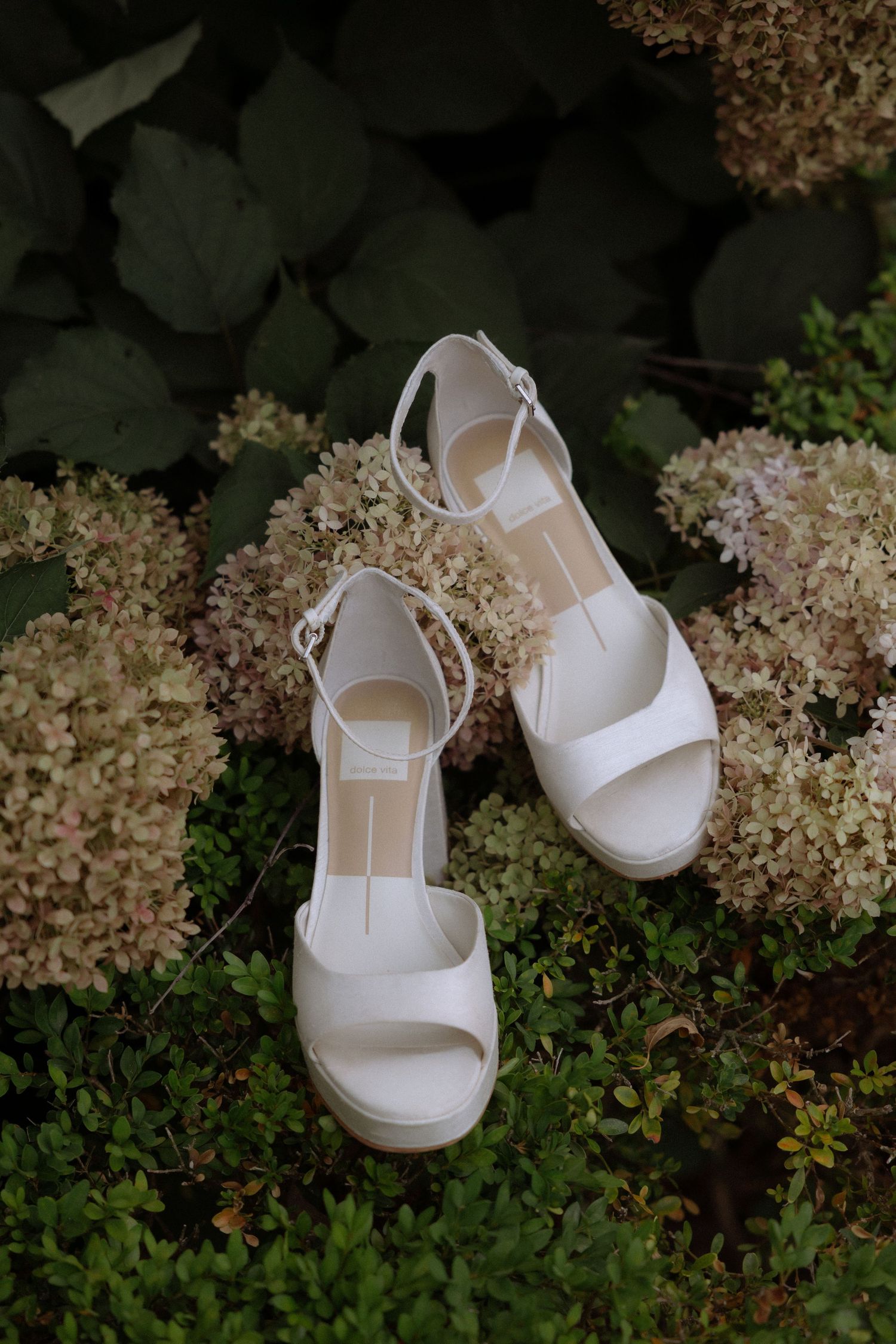 White bridal platform sandals with ankle straps resting among green hydrangea flowers.