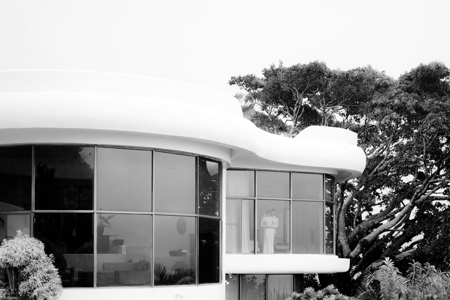 Black and white photo of a modernist building with curved roof, large glass windows, and a tree in the background.