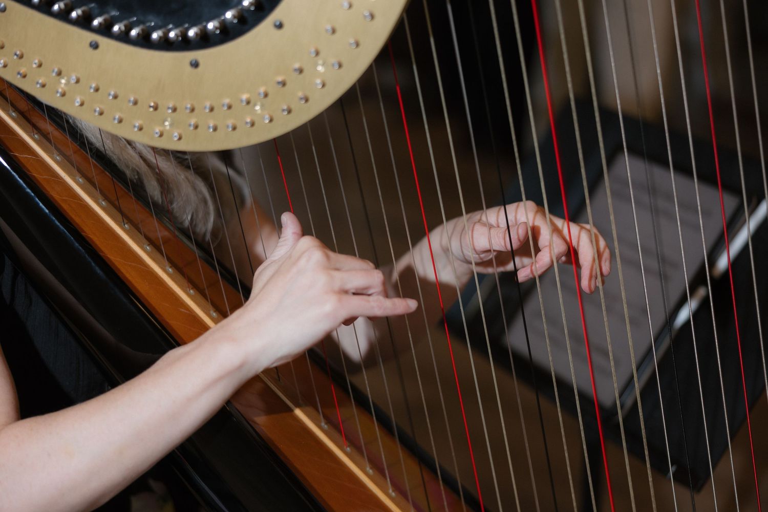Harpist playing a harp with a tablet displaying sheet music during a wedding ceremony.