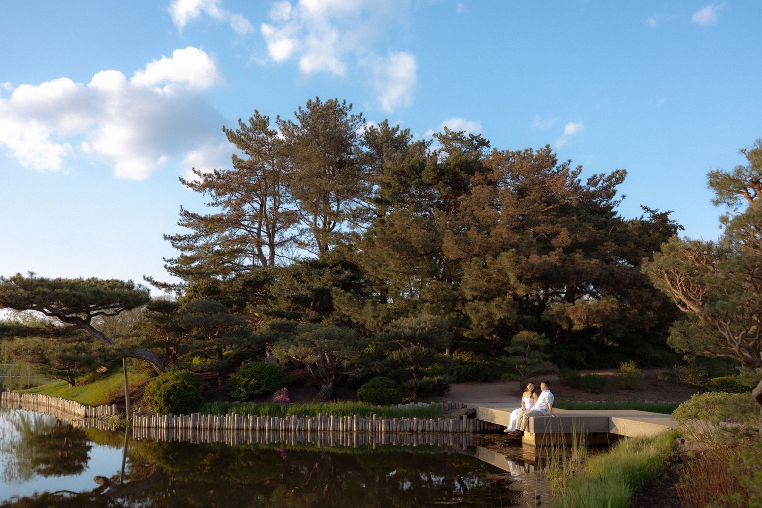 Couple sitting on a wooden bridge in a serene Japanese garden with tall pine trees and a calm pond.