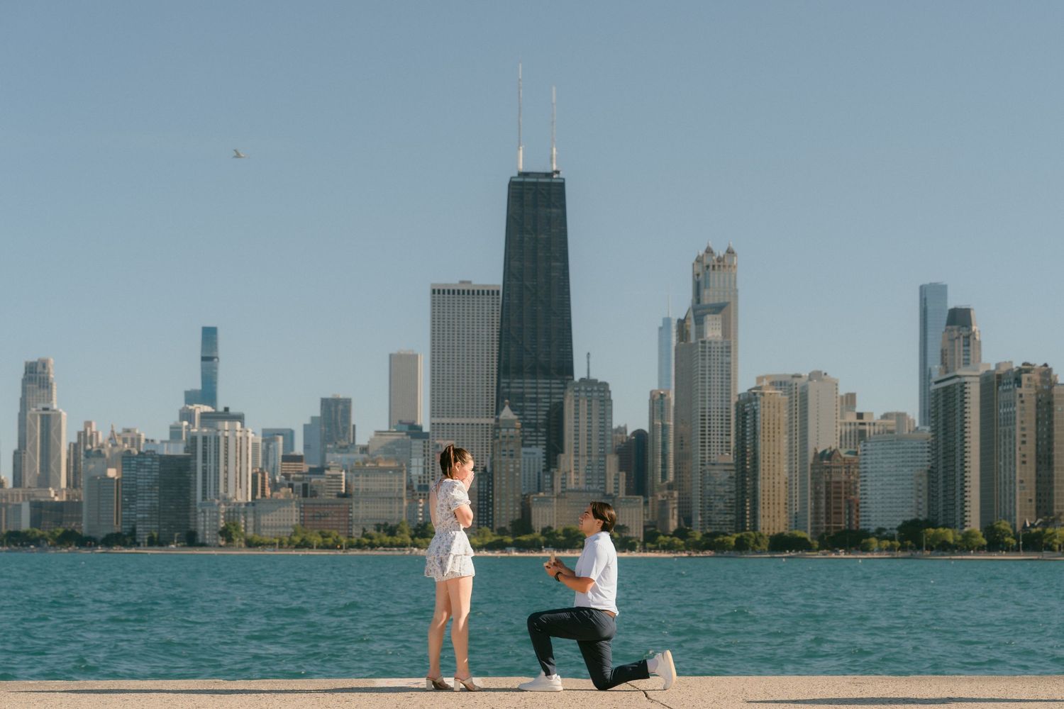 Romantic marriage proposal on lakefront with iconic Chicago skyline view.
