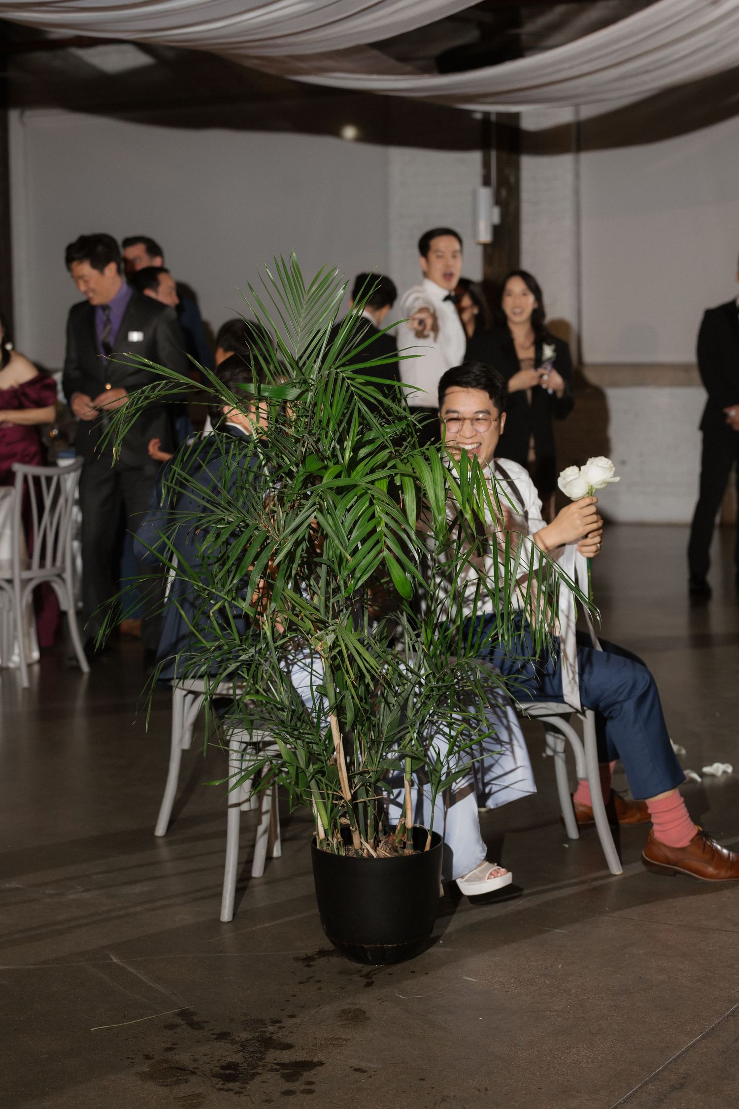 Wedding guest peeks from behind large potted palm plant at reception.