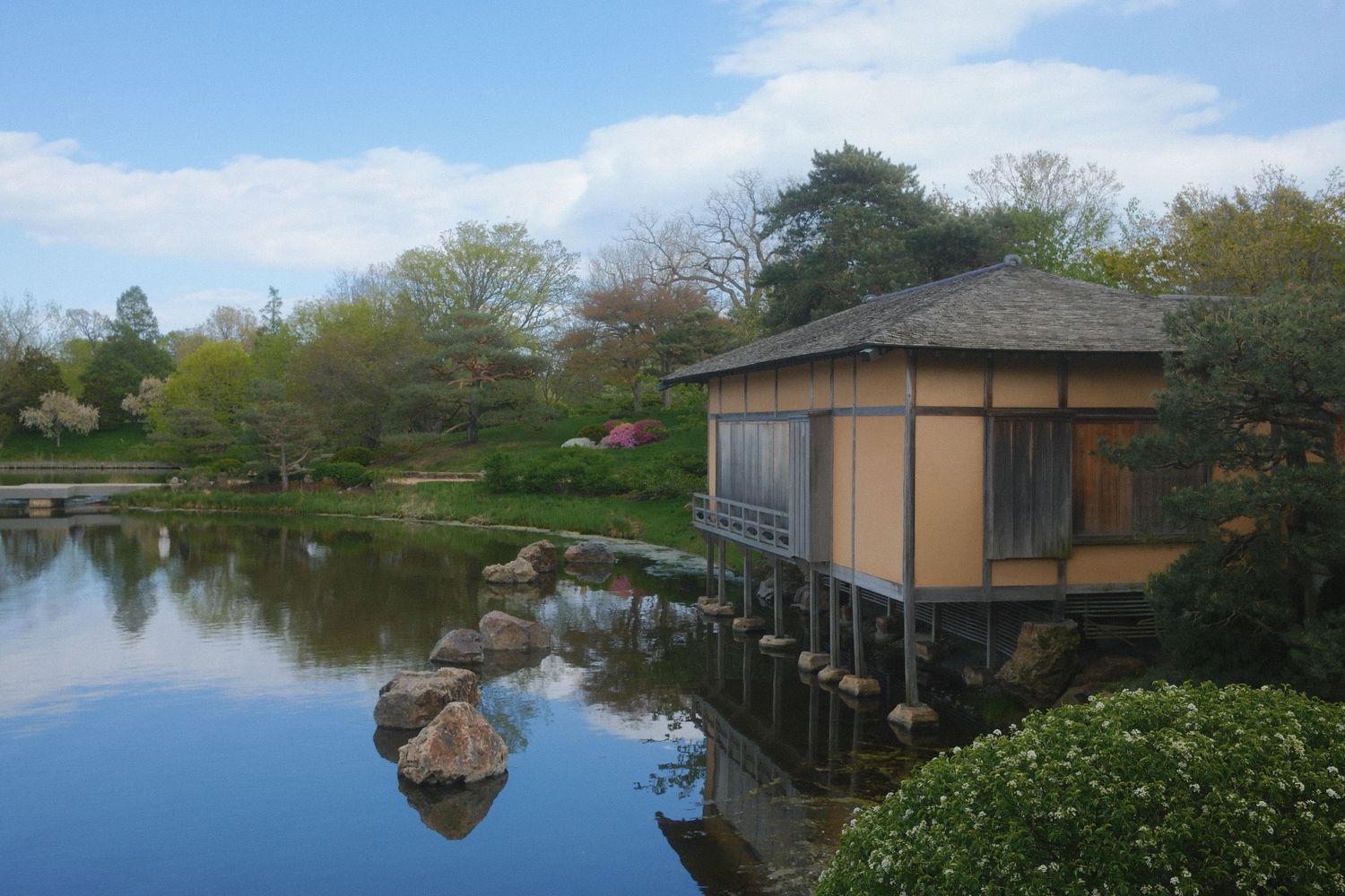 Traditional Japanese tea house on stilts overlooking a serene pond in a lush garden with blooming cherry trees.