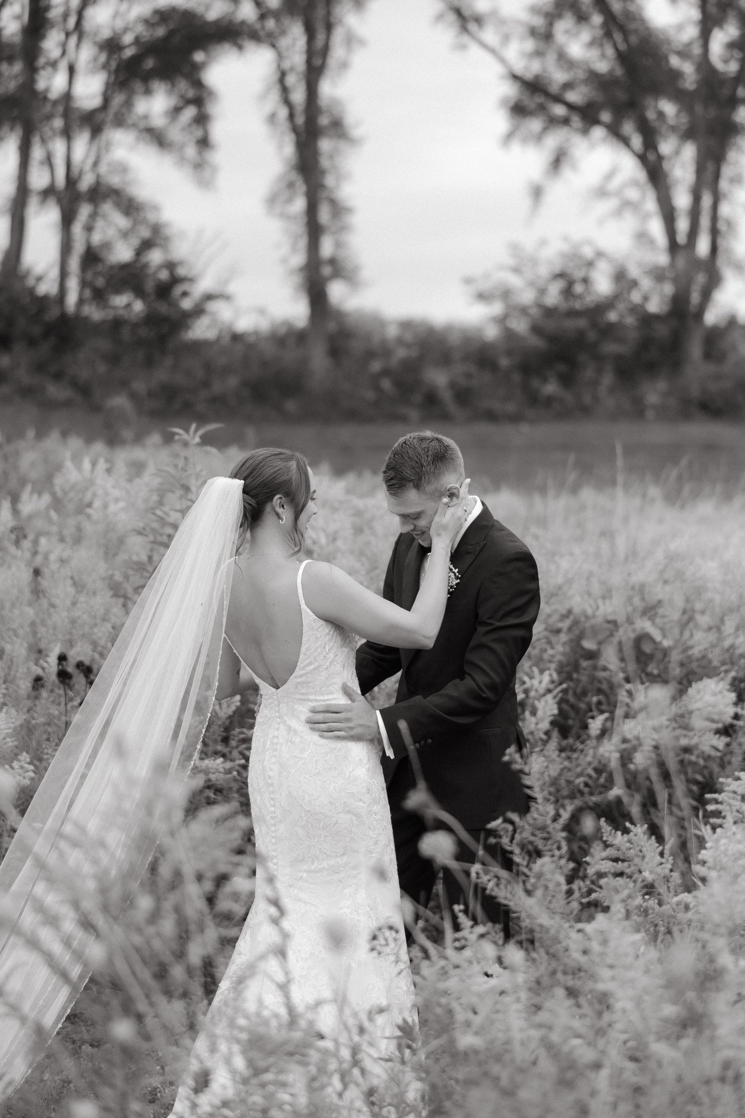 Black and white photo of bride and groom sharing an intimate moment in a lush field, bride in lace gown with veil.