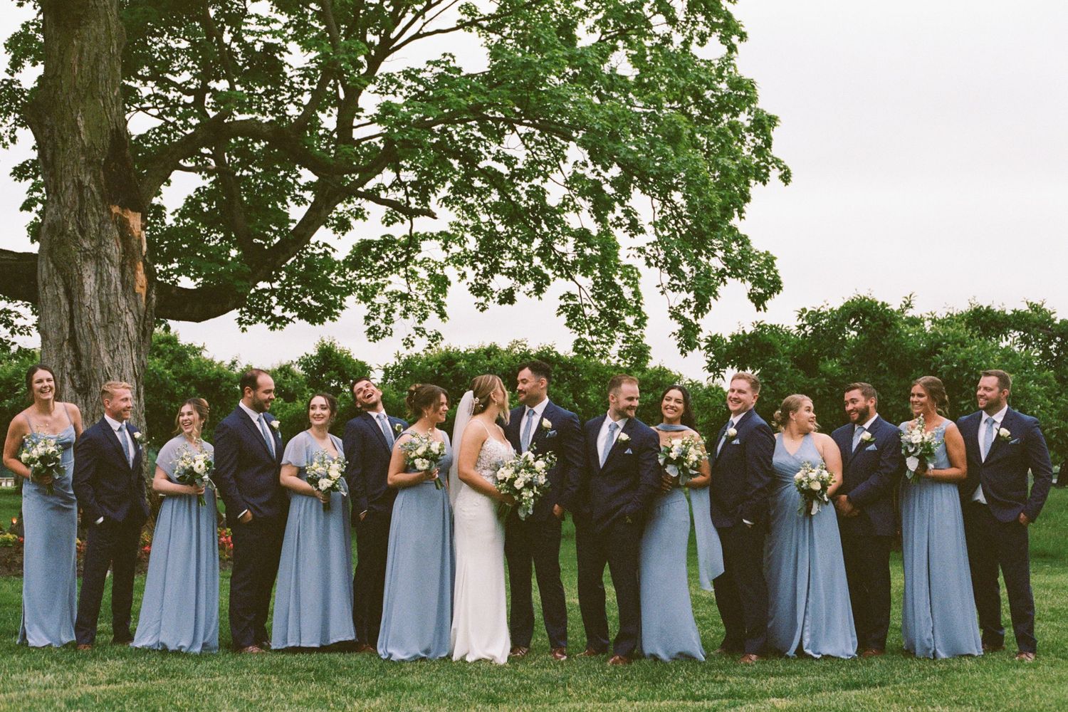 Wedding party poses under large tree, bridesmaids in dusty blue gowns and groomsmen in navy suits.