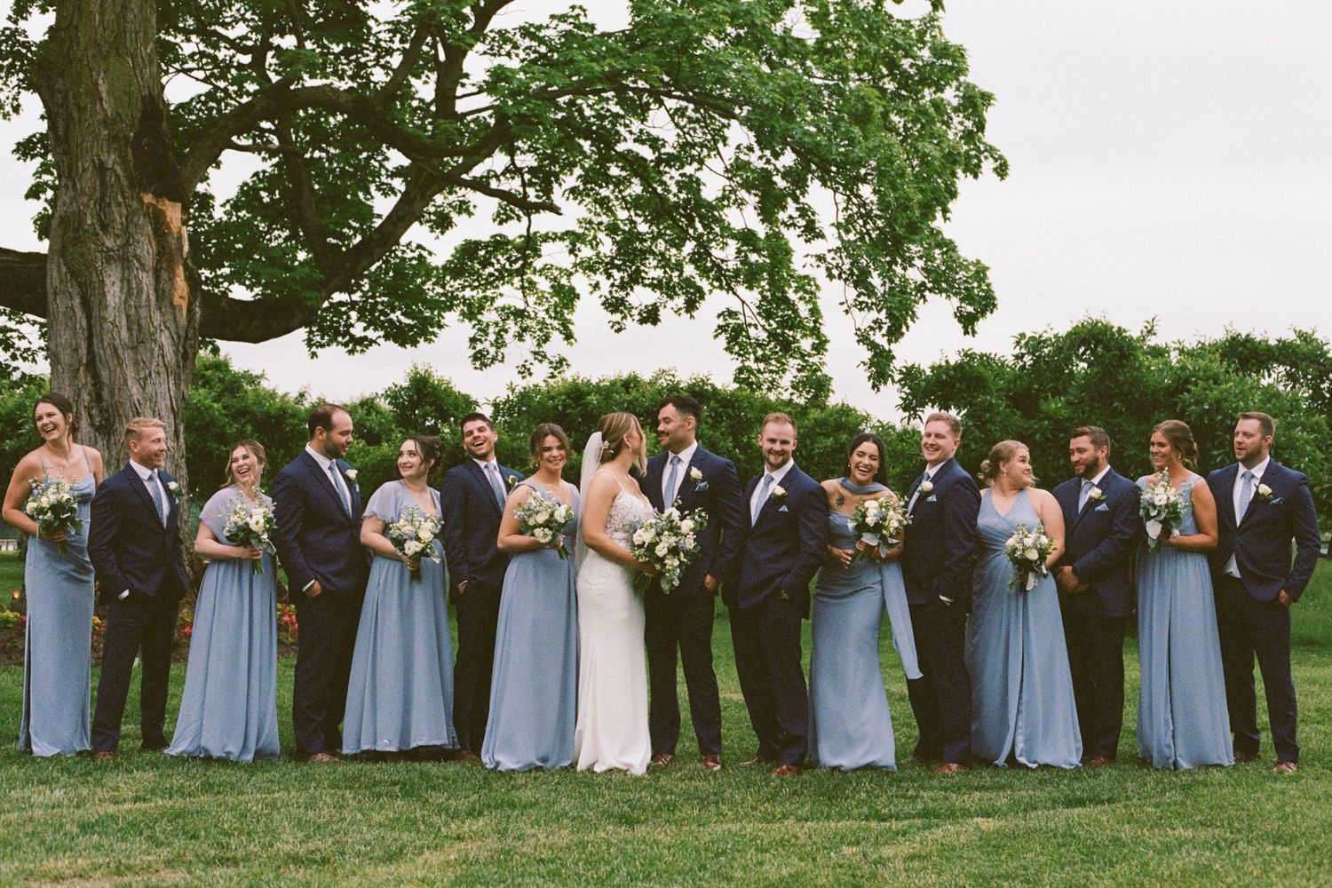 Wedding party poses outdoors with bridesmaids in blue gowns and groomsmen in navy suits beside a large tree.