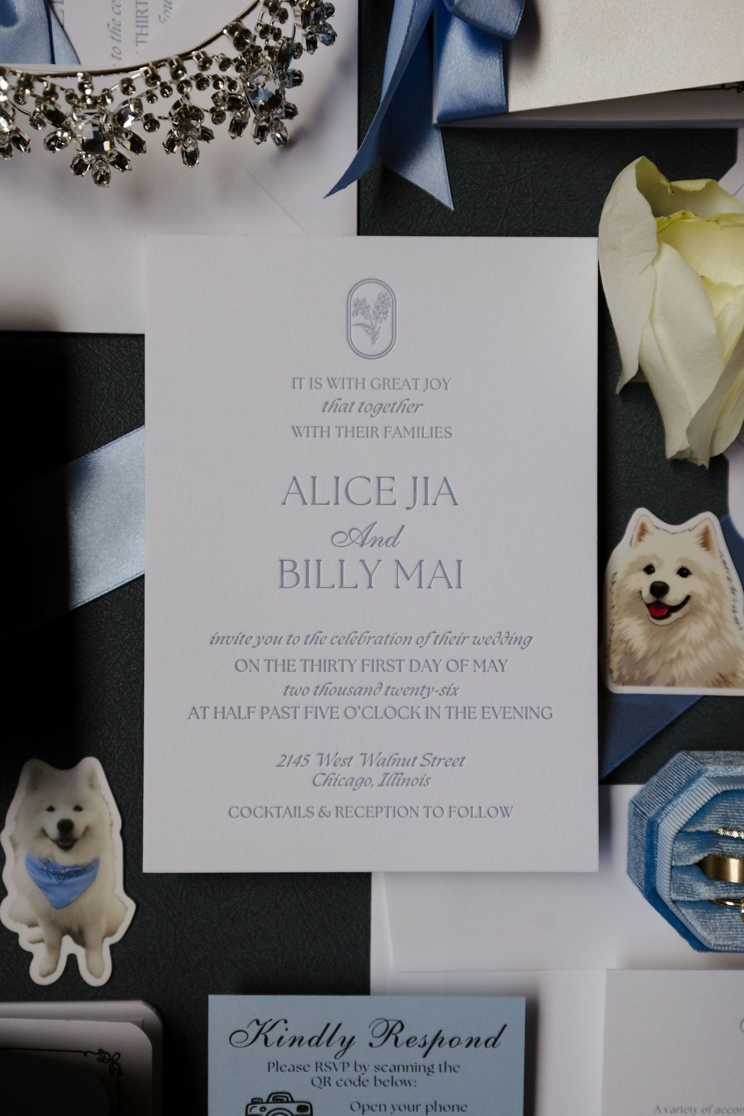 Elegant wedding invitation for Alice Jia and Billy Mai on May 31st, surrounded by blue ribbons, floral accents, and cute dog stickers.