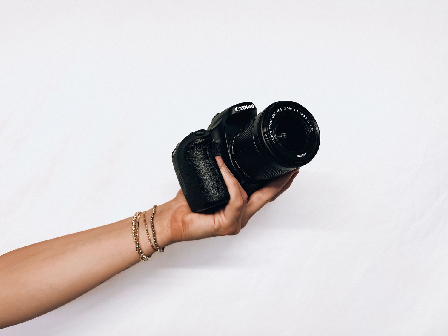 A hand holding a Canon DSLR camera with a zoom lens against a white background.