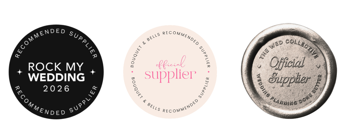 Three wedding supplier badges: Rock My Wedding 2026, Hitched Recommended Supplier, and Approved Supplier official collector seals.