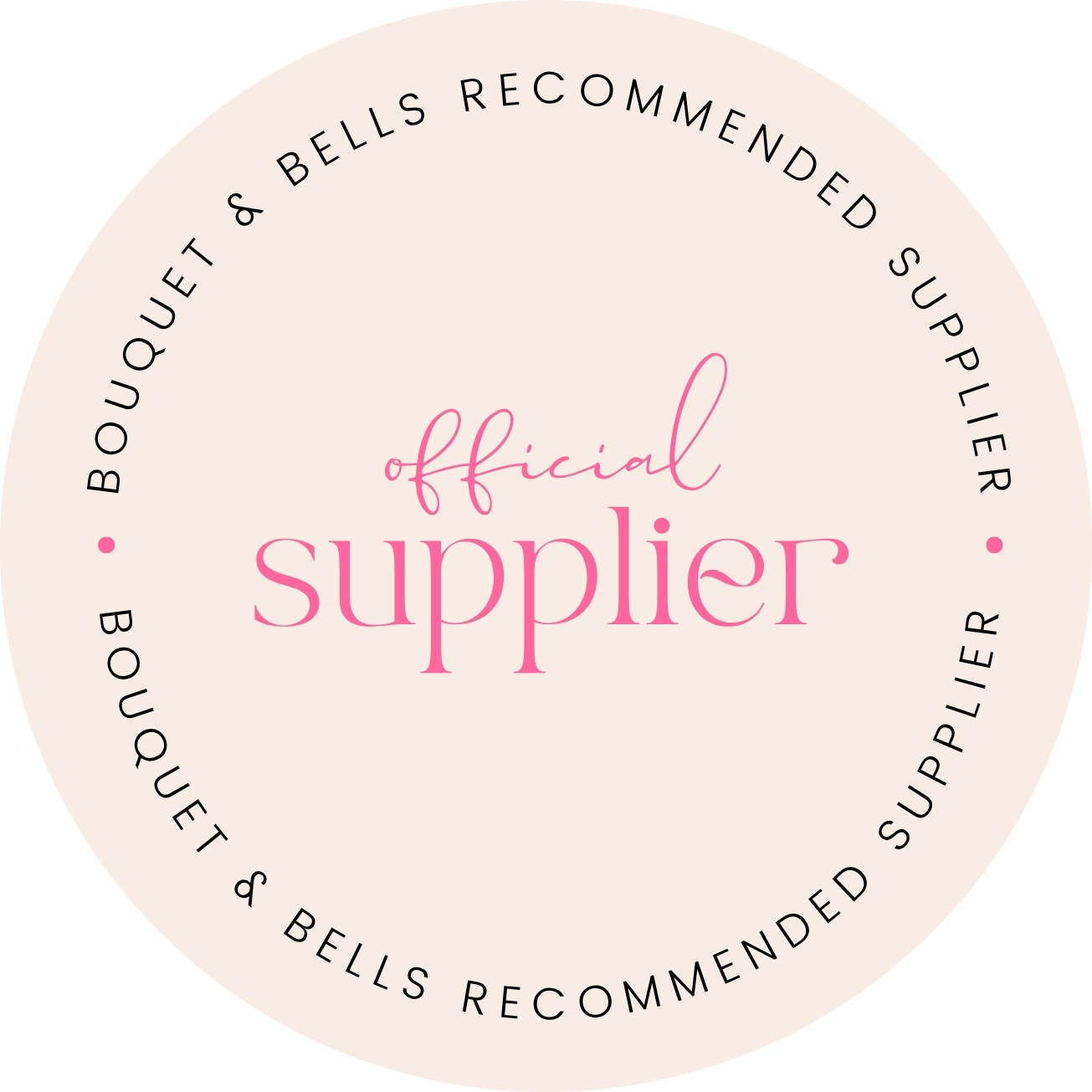 Bouquet and Bells official recommended supplier badge in pink and beige circular logo design.