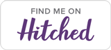Find me on Hitched wedding supplier directory white badge logo.