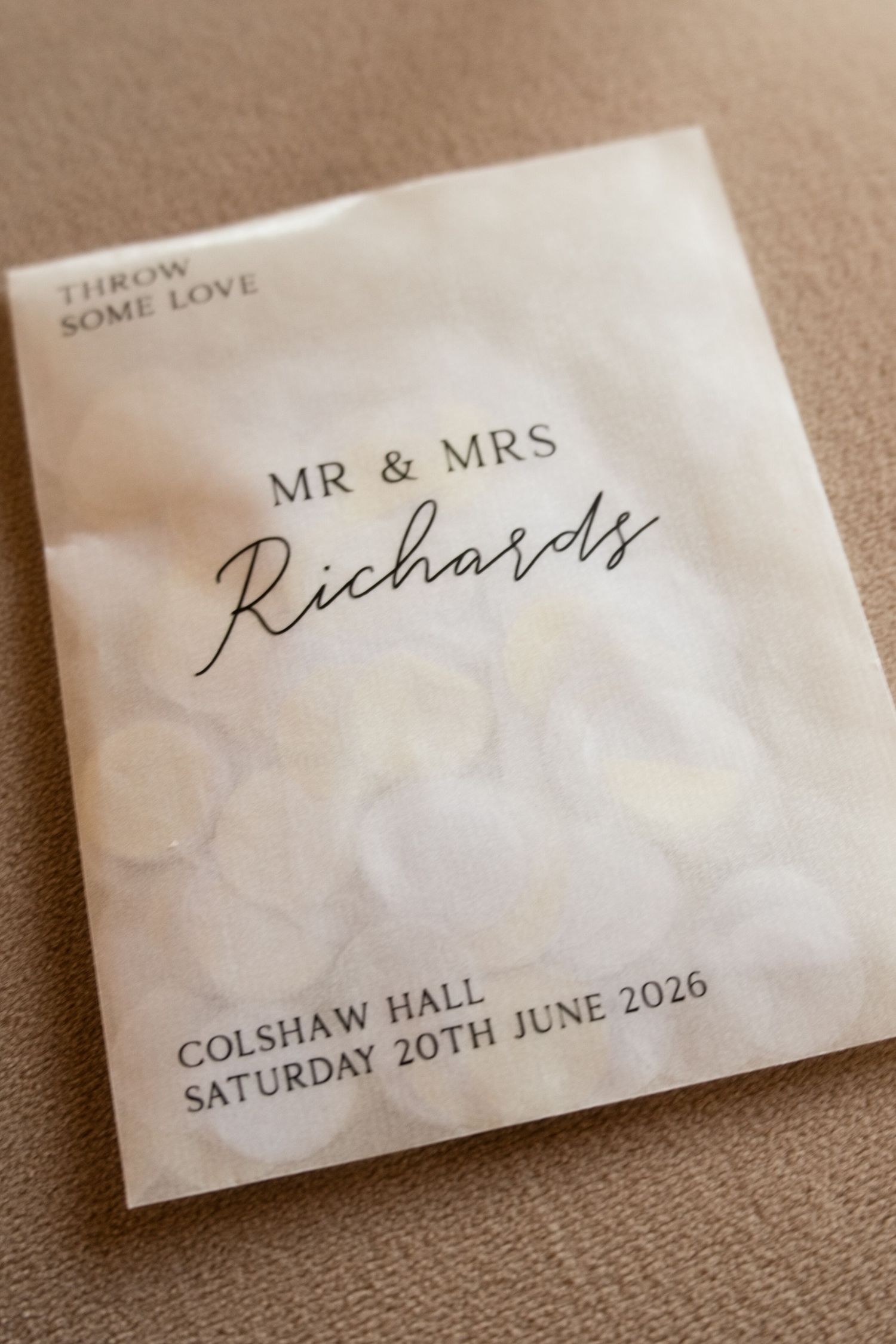 Elegant wedding confetti packet for Mr and Mrs Richards at Colshaw Hall, Saturday 20th June 2026.