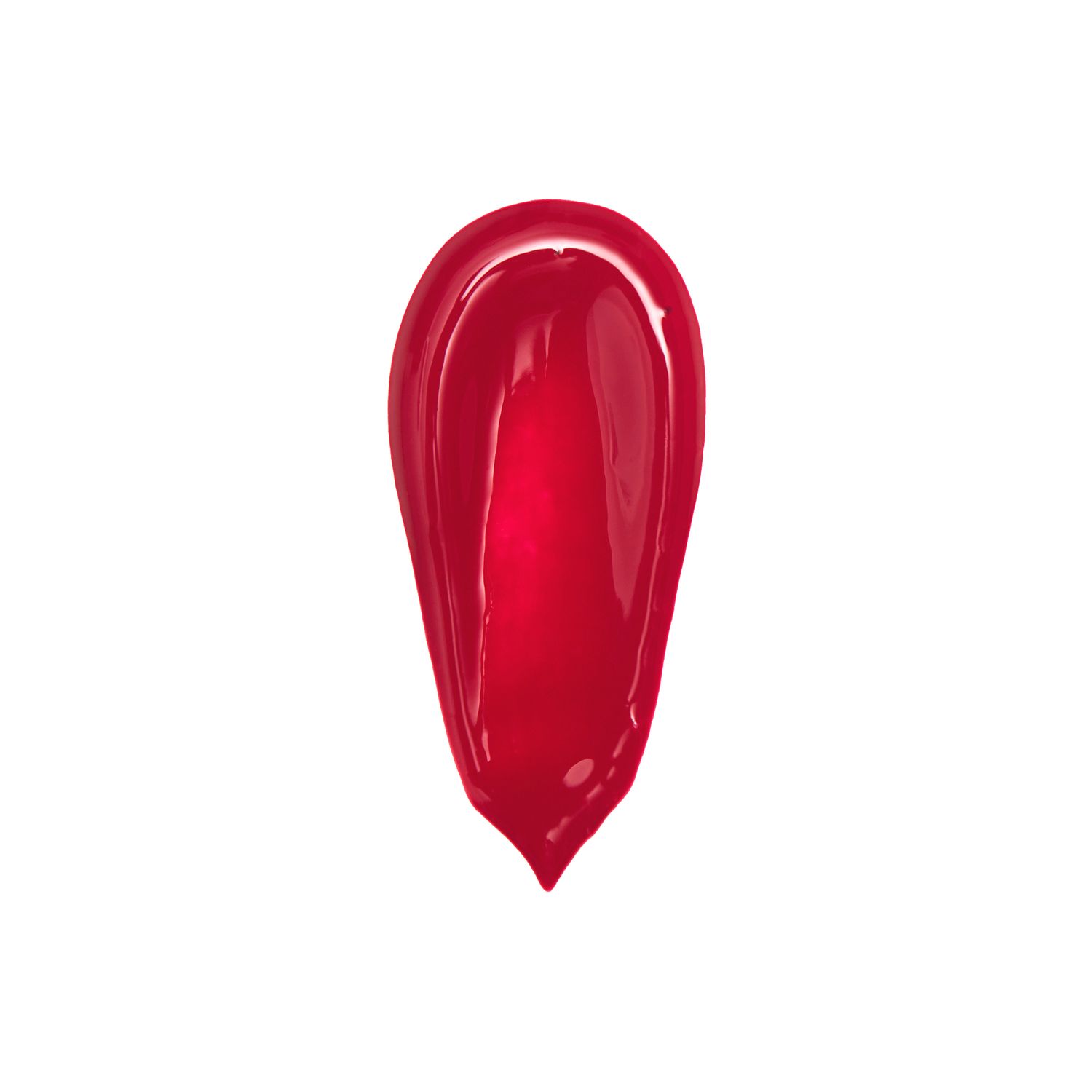 A glossy red lip gloss swatch in a teardrop shape on a white background.