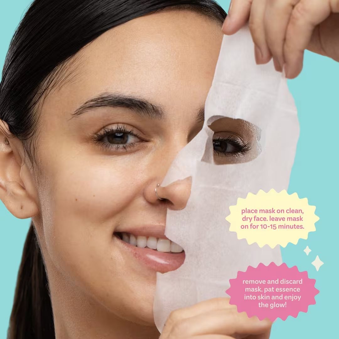 Woman demonstrates how to apply a hydrating sheet face mask with step-by-step instructions overlay.
