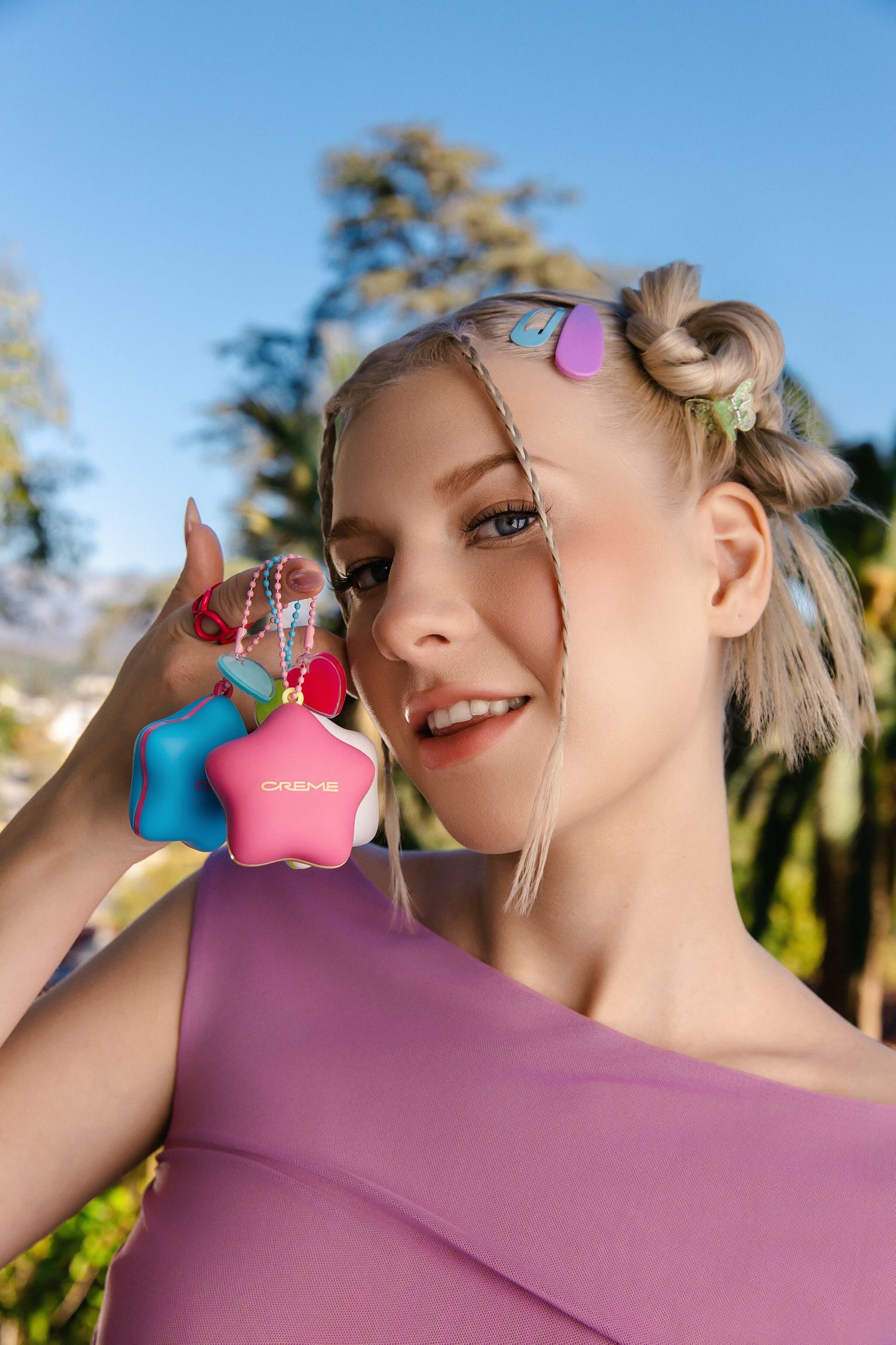 Clean and colorful lifestyle shot of the lip and blush product, photographed by LA beauty photographer Belva Chan.