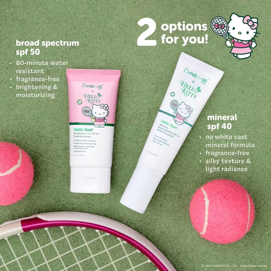 Two Hello Kitty branded sunscreens on a tennis court, SPF 50 broad spectrum and SPF 40 mineral, with tennis balls and racket.