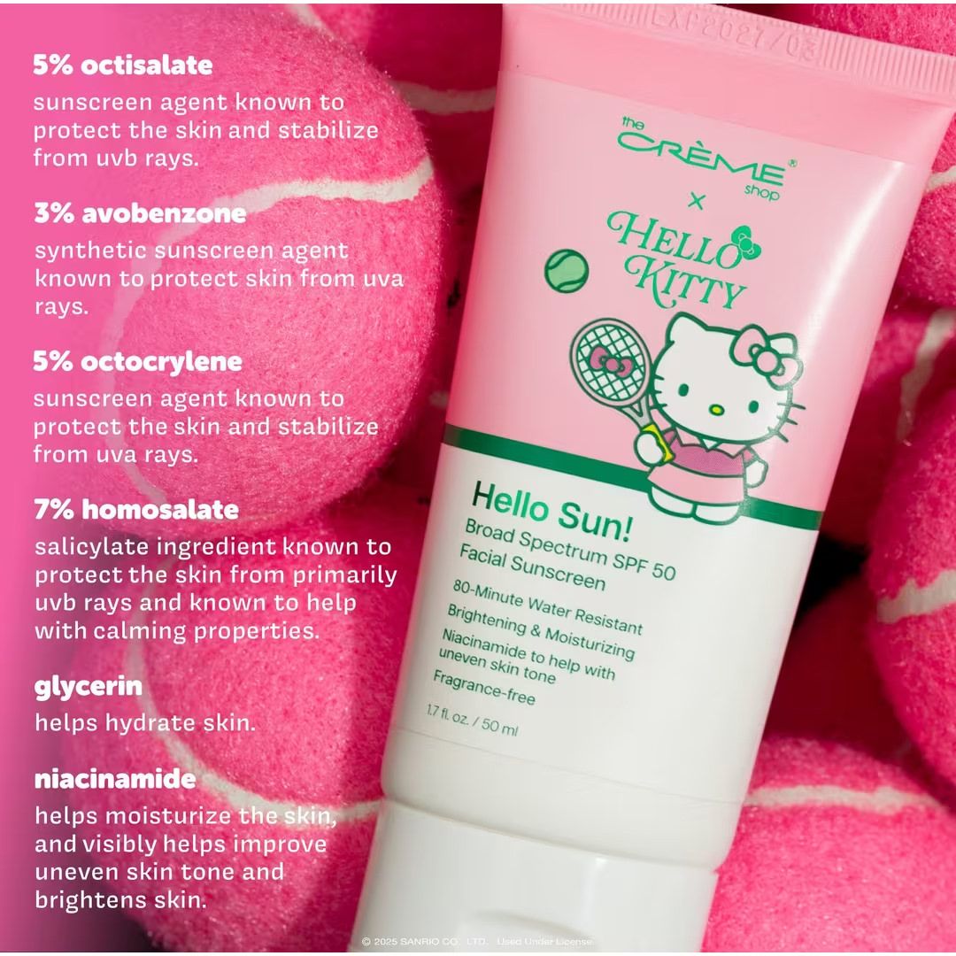 The Crème Shop x Hello Kitty Hello Sun! SPF 50 facial sunscreen tube with ingredient callouts on pink background.
