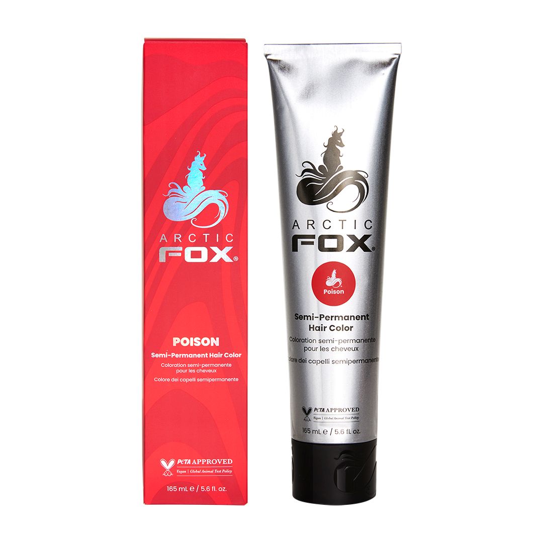 Arctic Fox Poison semi-permanent hair color in a red box and silver tube, 8.4 oz vibrant red dye.