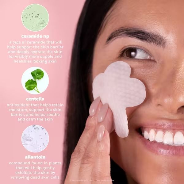 Woman applying a cloud-shaped facial pad with ceramide, centella, and allantoin ingredients for supple, healthy skin.