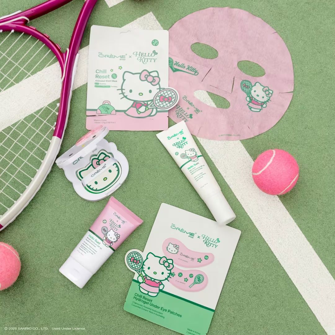 Hello Kitty x Bondi Boost skincare collection with face mask, eye patches, and creams on a tennis court.