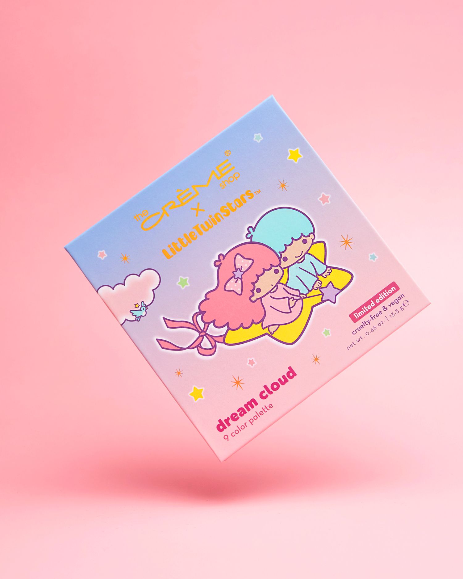 Colourpop x Little Twin Stars Dream Cloud 9 color eyeshadow palette in pastel pink packaging on pink background.
