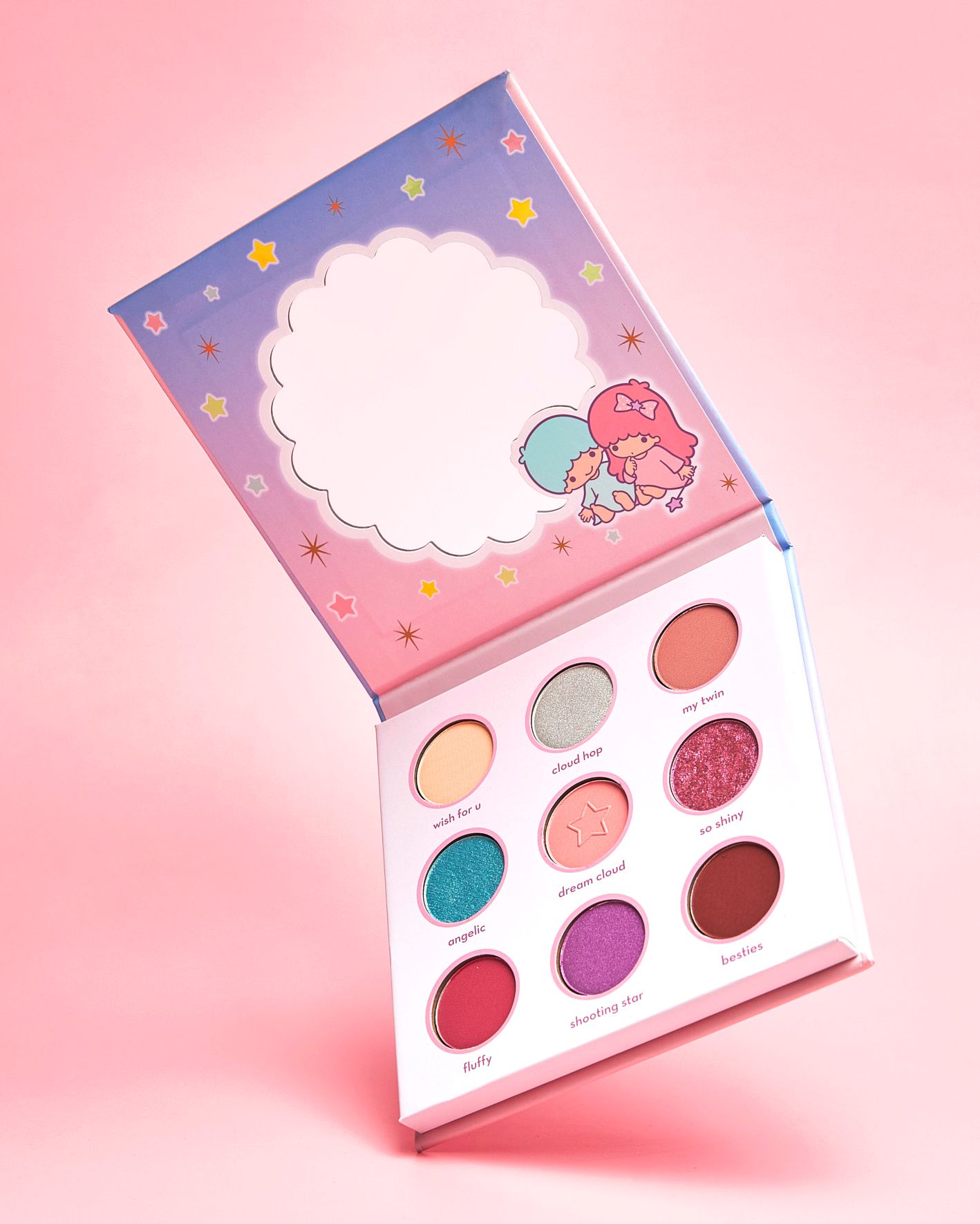 Little Twin Stars x ColourPop 9-pan eyeshadow palette with pink, purple, and glitter shades in pastel packaging.