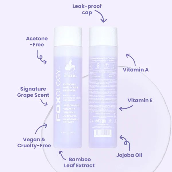Foxology acetone-free nail polish remover with vitamin A, E, jojoba oil, bamboo leaf extract, and leak-proof cap.