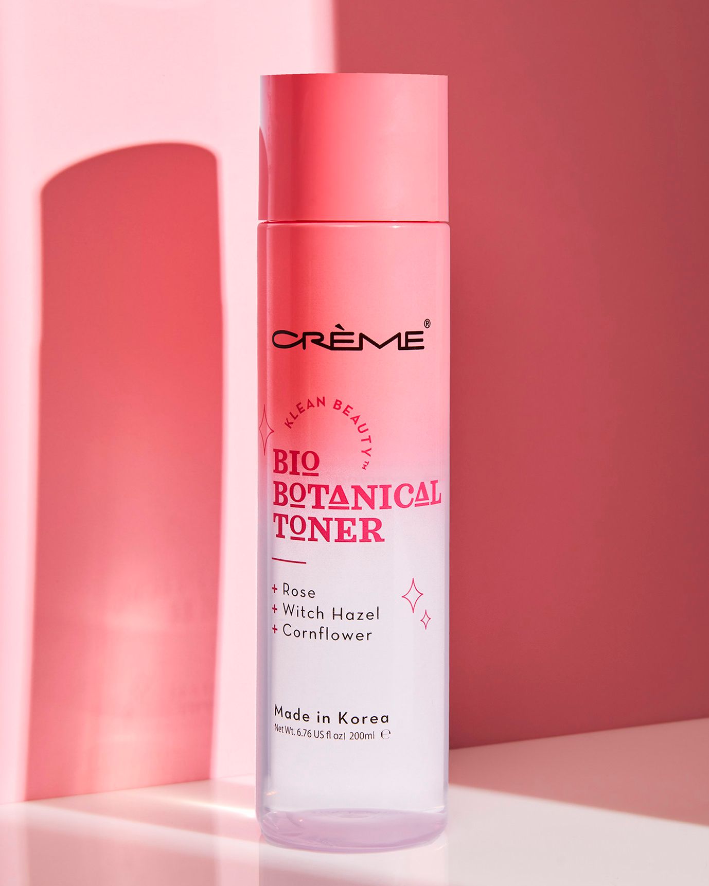 Crème Bio Botanical Toner with rose, witch hazel, and cornflower in a pink bottle, made in Korea.