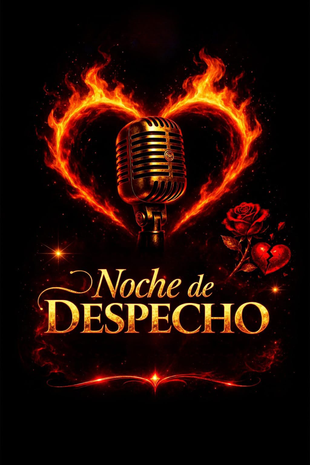 Noche de Despecho event poster with a vintage microphone, flaming heart, and red rose on a dark background.