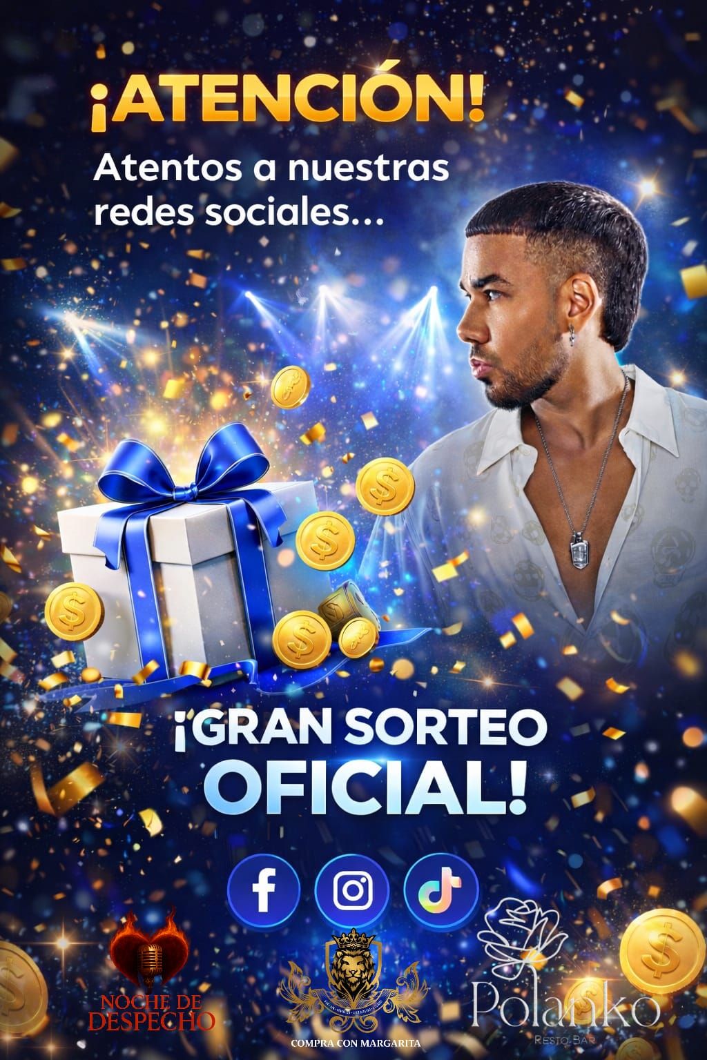 Promotional graphic for social media contest with gift boxes and gold coins on blue background.