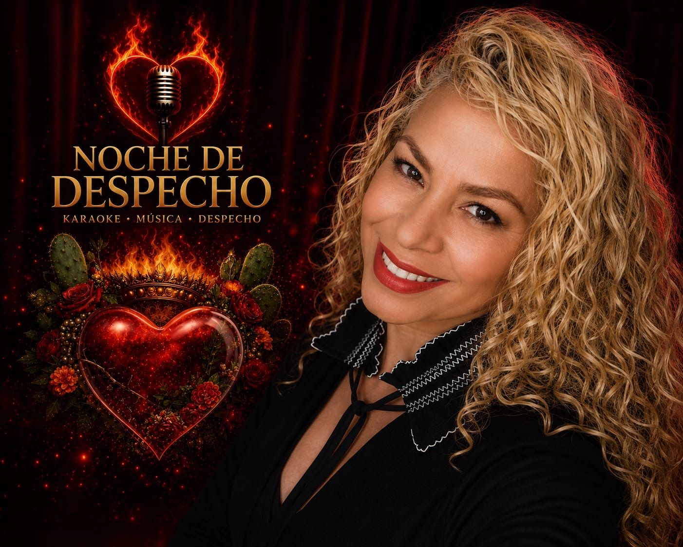 Woman with curly blonde hair smiles beside Noche De Despecho karaoke music event logo with flaming heart.